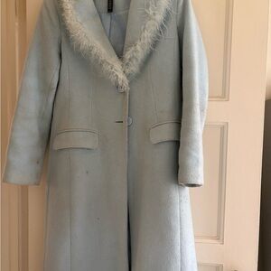 Aqua Light Blue Trench Coat with Faux Fur Collar